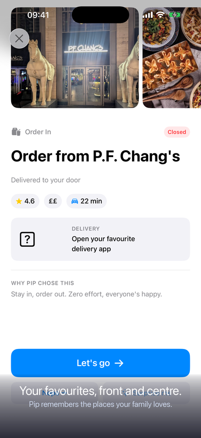 Pip result card showing a restaurant with photos, rating, distance and why Pip chose it